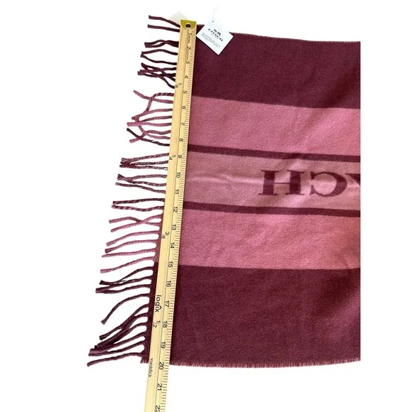 NWT Coach Wool Varsity Stripe Oversized Muffler Scarf F76388 Wine Pink Fringe - Picture 8 of 10